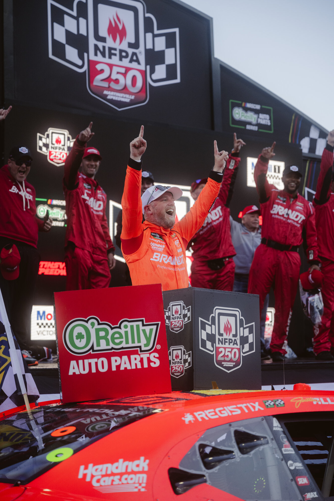 Justin Allgaier celebrates his NFPA 250 win at Martinsville Speedway