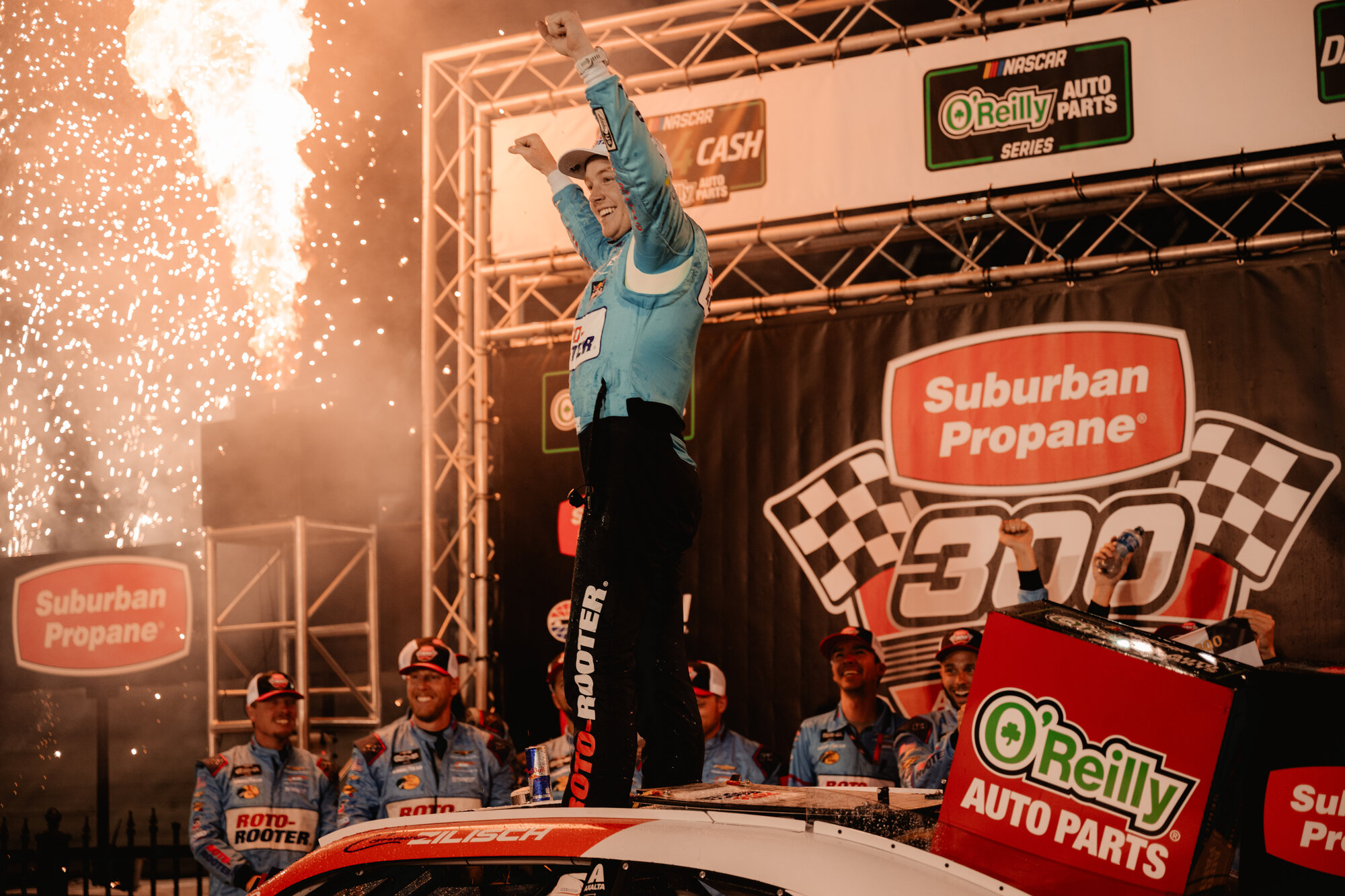 Connor Zilisch celebrates his Suburban Propane 300 win at Bristol Motor Speedway