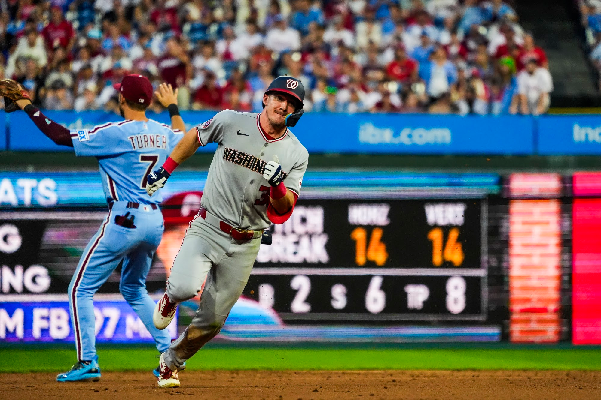 Washington Nationals baserunner rounds second base against the Philadelphia Phillies at Citizens Bank Park